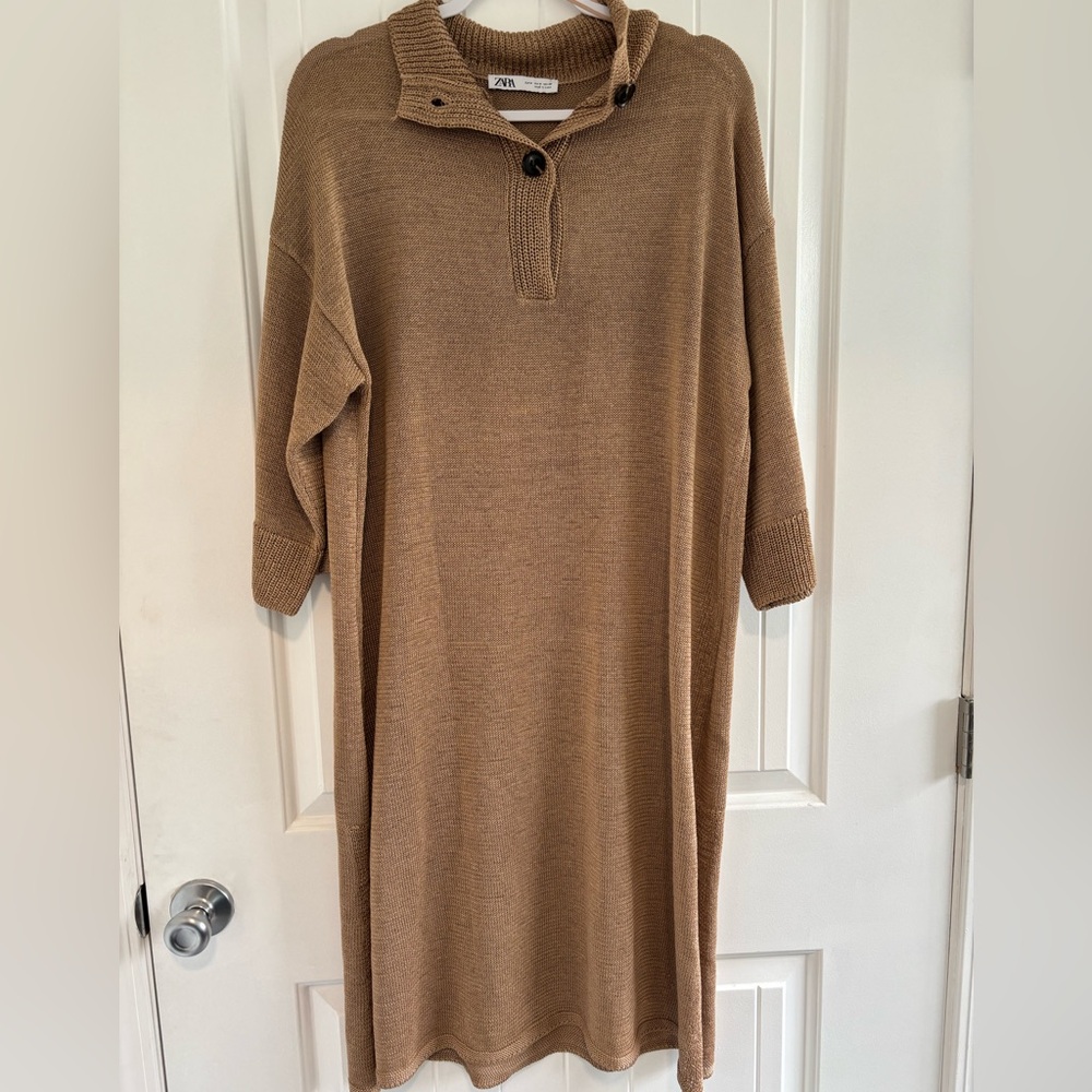 Zara Camel Knit Polo Sweater Dress Size Medium
